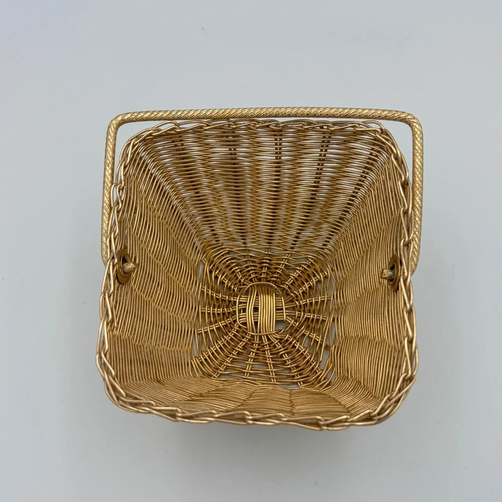 Gold Wire Woven‎ Square Basket With Handle Trinket Candy Storage Organizer